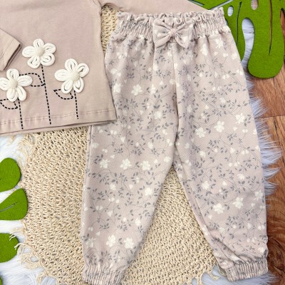 Conj. Blusa Manga Longa Flores 3D e Calça Floral - Areia